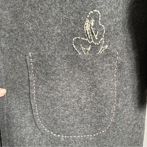 Handmade Gray Wool Elbow Cut-Out Embroidered Mid-Length Coat - 6/8, M, OOAK! - Picture 4 of 14